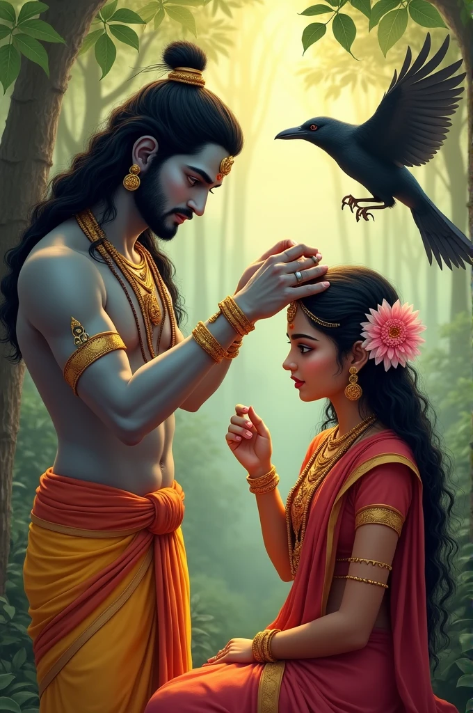 Once when Lord Ram was arranging flowers in Mother Sita's hair, Indradev's son Jayant was watching this scene. On this he doubted whether he was really the incarnation of Lord Vishnu. Then, with the intention of taking the test, he took the form of a crow and pecked at the feet of Mother Sita.