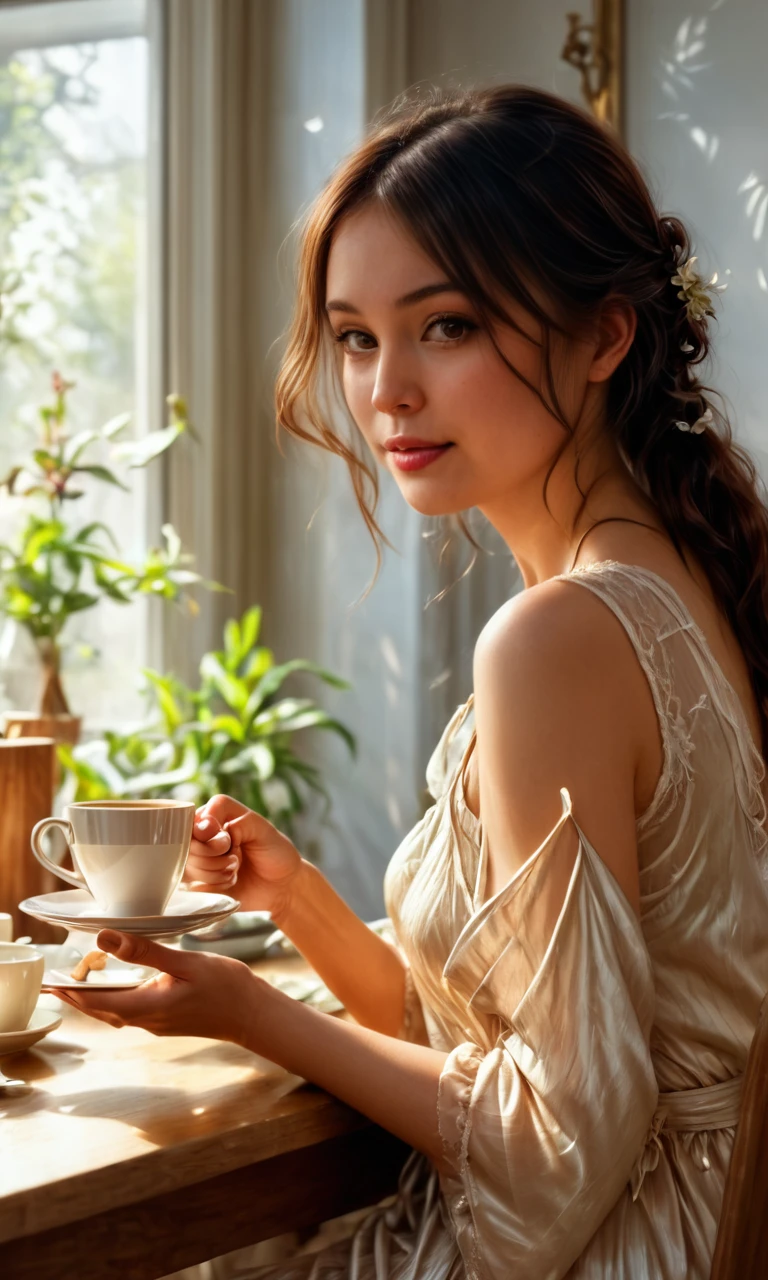 anikaxxx, ultra-realistic, woman sitting at a kitchen table, sipping coffee from a cup, wearing a light summer dress, a plate with a single toast in front of her, soft morning sunlight streaming through the window, relaxed and peaceful expression, detailed skin, photorealistic.