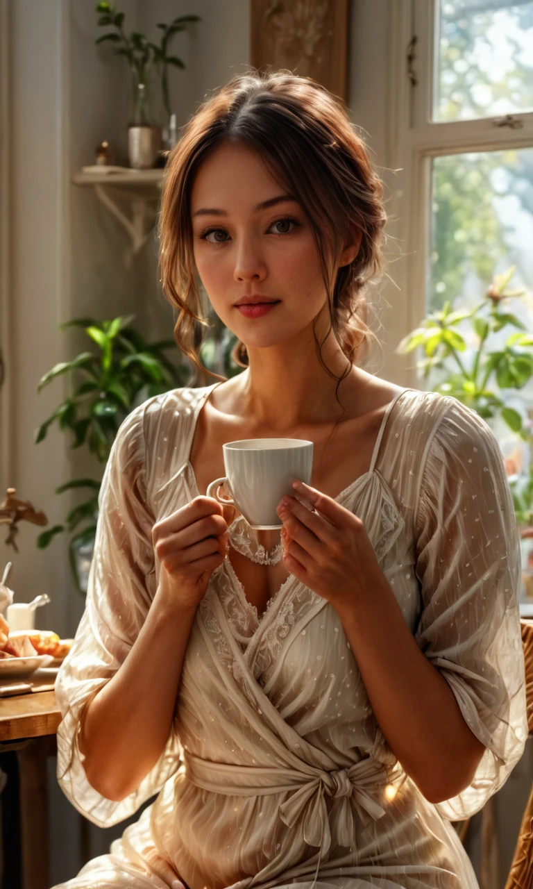 anikaxxx, ultra-realistic, woman sitting at a kitchen table, sipping coffee from a cup, wearing a light summer dress, a plate with a single toast in front of her, soft morning sunlight streaming through the window, relaxed and peaceful expression, detailed skin, photorealistic.