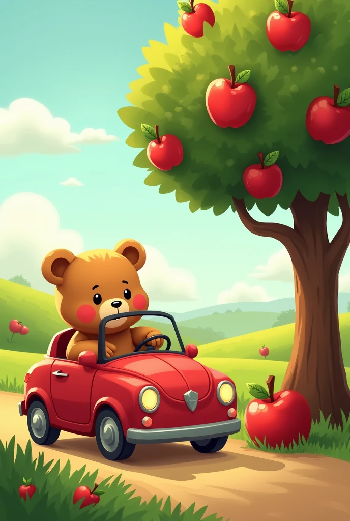 development:Car number 1 is red and stops at an apple tree..a character, like a little bear named Beto, says hello to the little train and says: "Mira, There is a red apple! I'm going to put her in car number 1.."