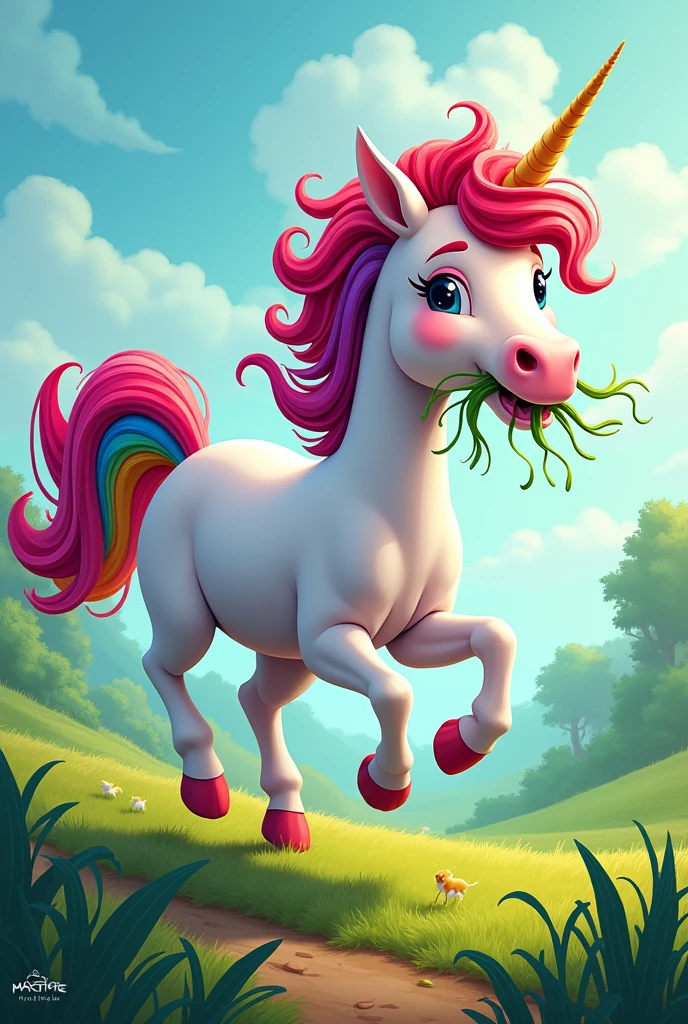Unicorn with grass in mouth galloping comic style with rainbow tail rainbow mane