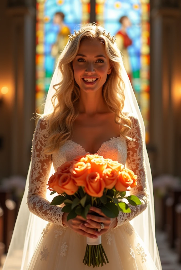 (((She has a happy smile on her face))) ((translucent luminous body_Wearing a white lace wedding dress), (woman made of light: 1.2, glowing hair_Long curly blonde hair),, (Upper body frontal close-up angle: 1.3), 8k, high dynamic range))((Works by professional wedding photographers)) symmetrical face, Symmetrical eyes, Ultra 8K detailed photos, 8K resolution concept (( masterpiece. real photos. Super high quality)) AMY put on her carefully selected.The most beautiful designs by famous designers.The most gorgeous.The most noble wedding dress.Standing on the red carpet in a church with stained glass.She has a happy smile on her face. She held a large bouquet of bright roses in her hands.And AMY is more beautiful than flowers.