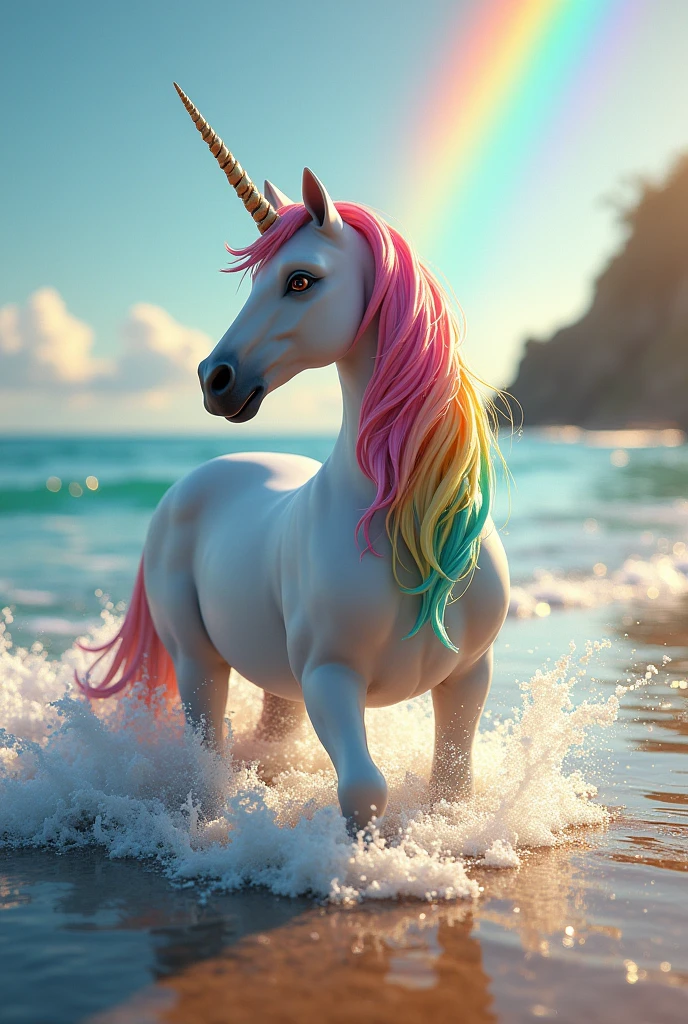 Unicorn with colorful hair on a beach and a rainbow, the unicorn is in the water