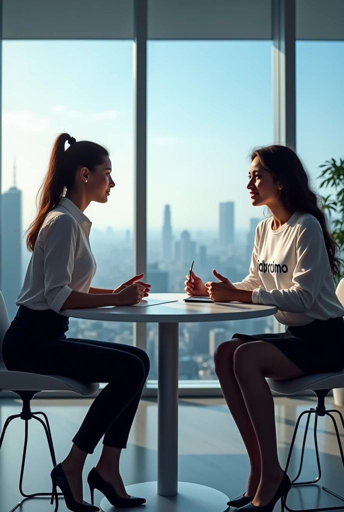 two girls are sitting in a super modern office with panoramic windows and one is interviewing the other for a job, one has a Wearing a shirt with the phrase 'Jobpromo'