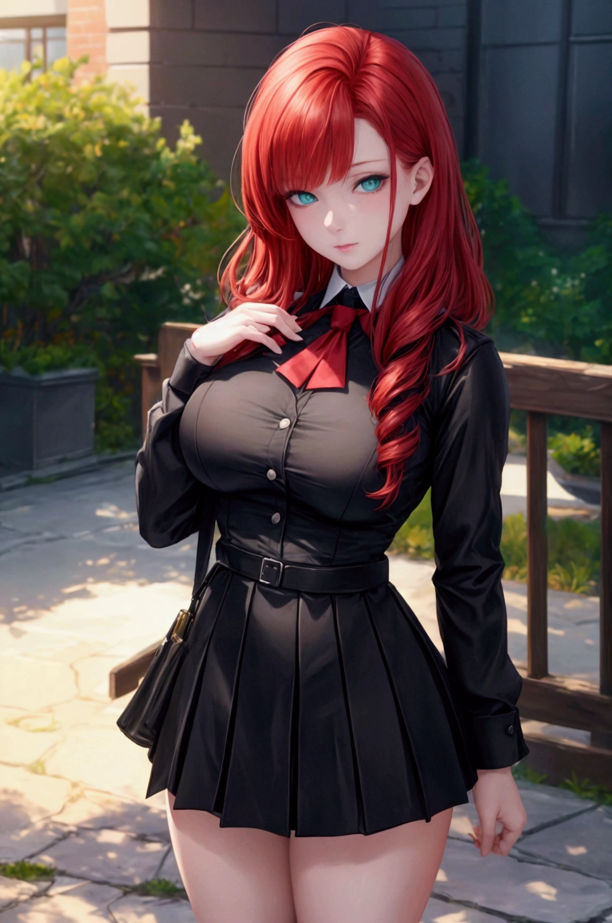 a redheaded girl with green eyes, fair skin, and a shy expression, wearing a completely black school uniform, detailed face, beautiful eyes, 1girl, realistic, photorealistic, photo-realistic:1.37, best quality, 8k, highres, masterpiece:1.2, ultra-detailed, HDR, UHD, studio lighting, ultra-fine painting, sharp focus, physically-based rendering, extreme detail description, professional, vivid colors, bokeh