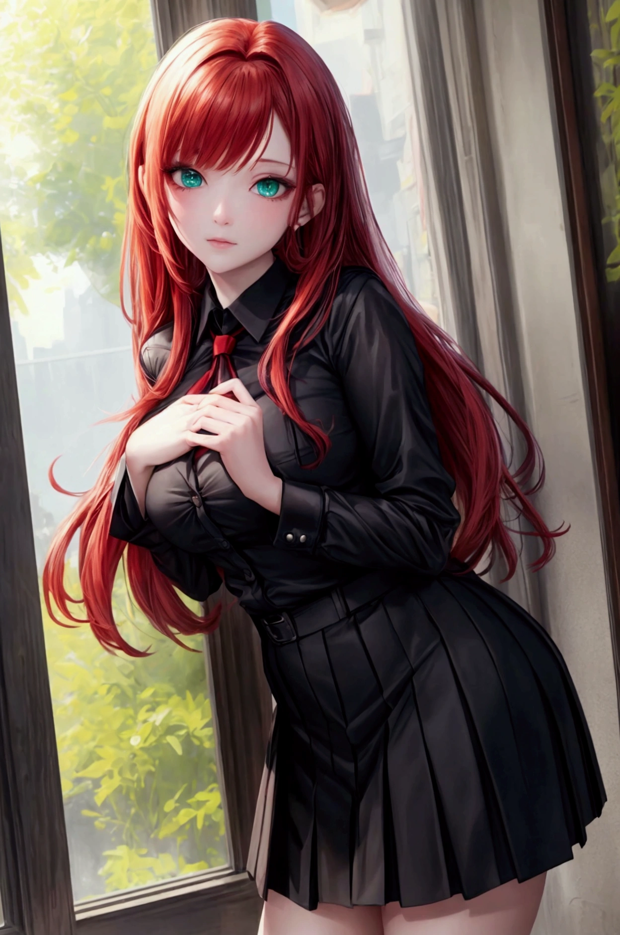 a redheaded girl with green eyes, fair skin, and a shy expression, wearing a completely black school uniform, detailed face, beautiful eyes, 1girl, realistic, photorealistic, photo-realistic:1.37, best quality, 8k, highres, masterpiece:1.2, ultra-detailed, HDR, UHD, studio lighting, ultra-fine painting, sharp focus, physically-based rendering, extreme detail description, professional, vivid colors, bokeh