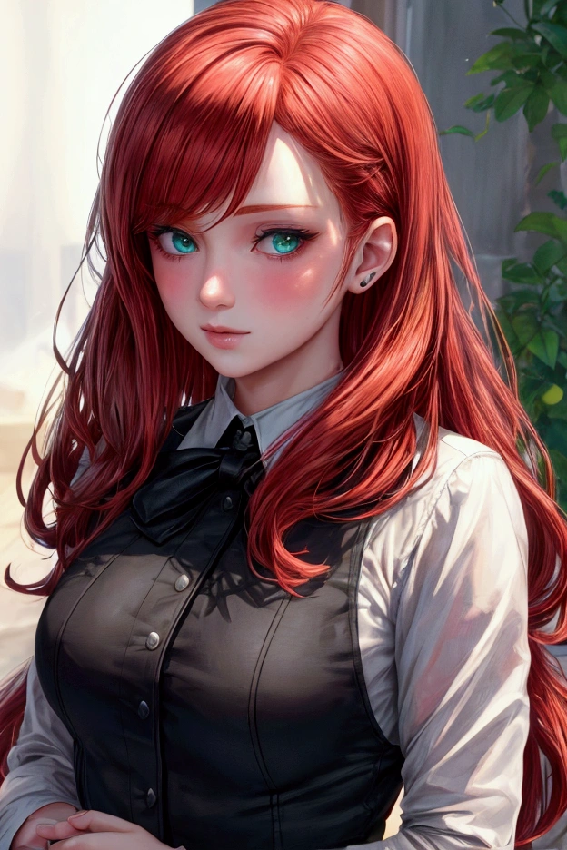 a redheaded girl with green eyes, fair skin, and a shy expression, wearing a completely black school uniform, detailed face, beautiful eyes, 1girl, realistic, photorealistic, photo-realistic:1.37, best quality, 8k, highres, masterpiece:1.2, ultra-detailed, HDR, UHD, studio lighting, ultra-fine painting, sharp focus, physically-based rendering, extreme detail description, professional, vivid colors, bokeh