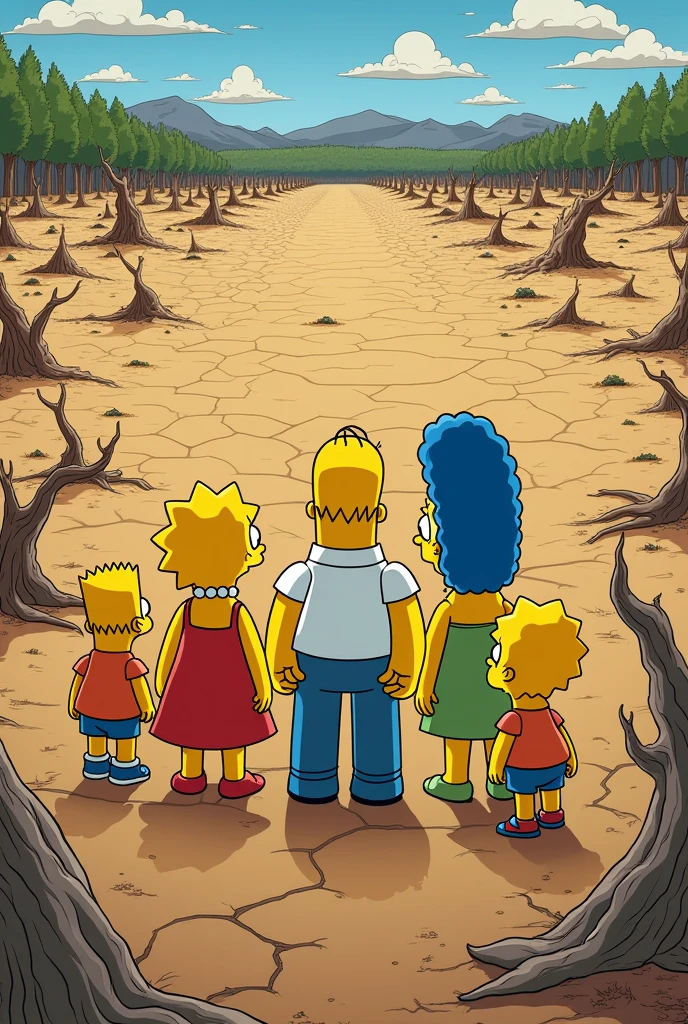 a simpsons style image of a huge field of dry soil with the simpsons looking shocked because their crops are all dead and the trees are dead