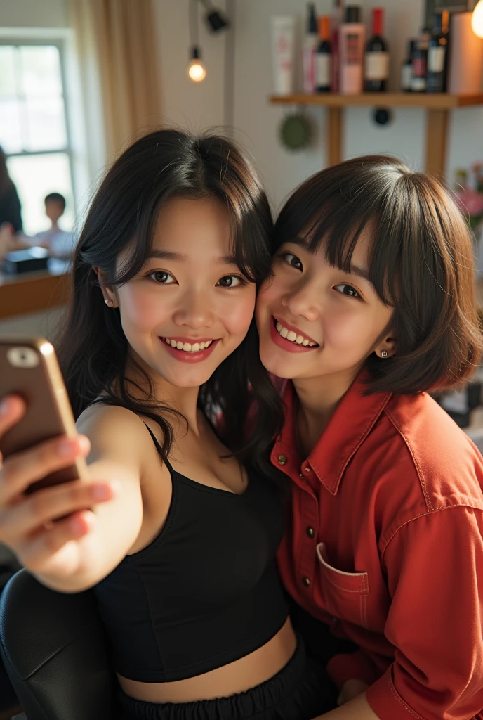 Fullbody of length photorealistic two Asian people girl and boy, funny selfie, female artist and her male fans, make up room background ,Real realistic 8K UHD