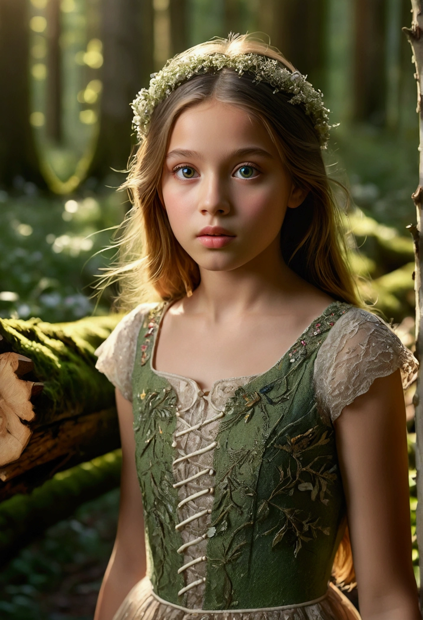 a young girl walking in a magical forest, beautiful detailed eyes, beautiful detailed lips, extremely detailed face and portrait, longeyelashes, girl in a long dress, sunlight filtering through the trees, lush green foliage, mossy rocks and fallen logs, wildflowers blooming on the ground, birds flying overhead, warm golden hour lighting, cinematic composition, highly detailed, photorealistic, 8k, masterpiece