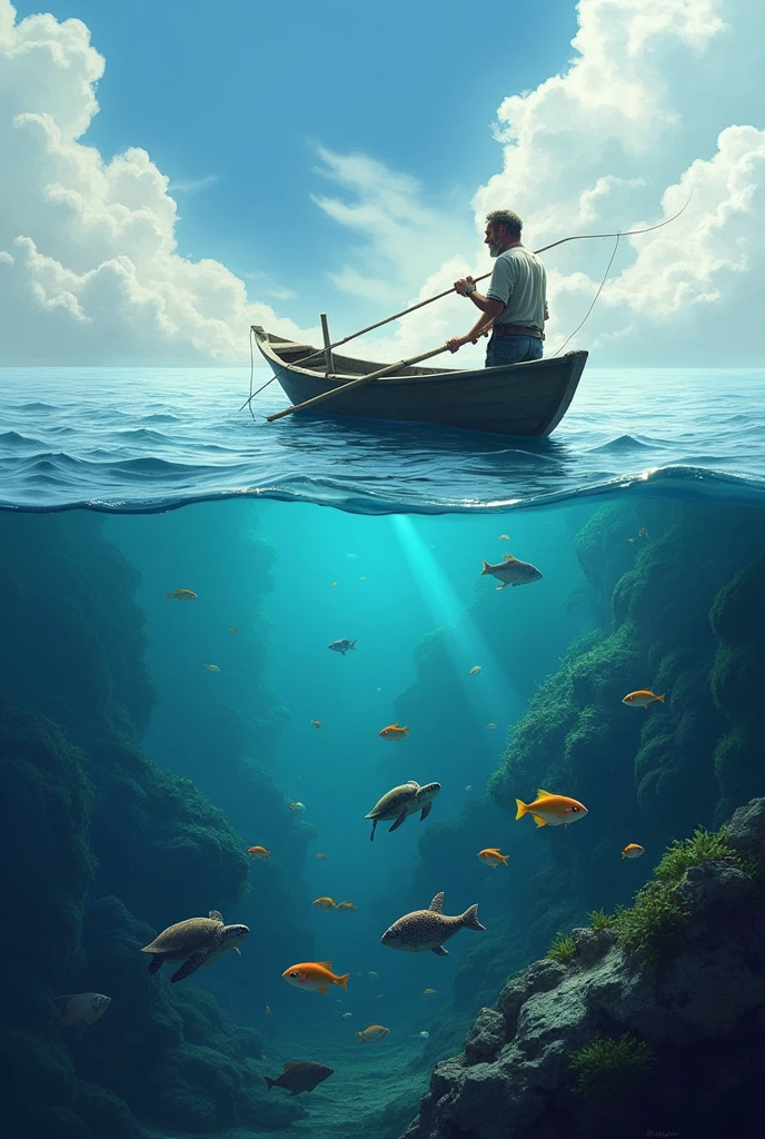 a fisherman with his boat on the water and under water fish and sea animals, realist art