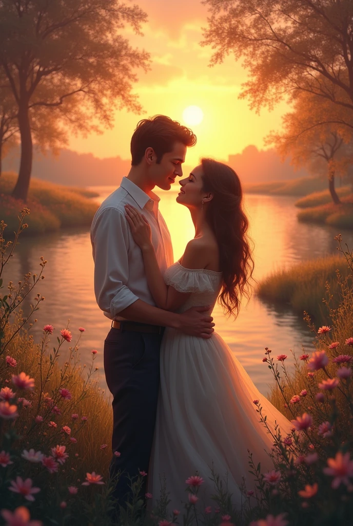 "Create a romantic and emotional image that captures the essence of the poem 'How Do I Love Thee?' de Elizabeth Barrett Browning. The scene should portray a serene and intimate environment, perhaps with a couple in a moment of tenderness and deep connection. Incorporate elements that symbolize the intensity and depth of love, like a landscape at dawn, smooth light, and subtle details that evoke the feeling of deep and eternal love described in the poem."