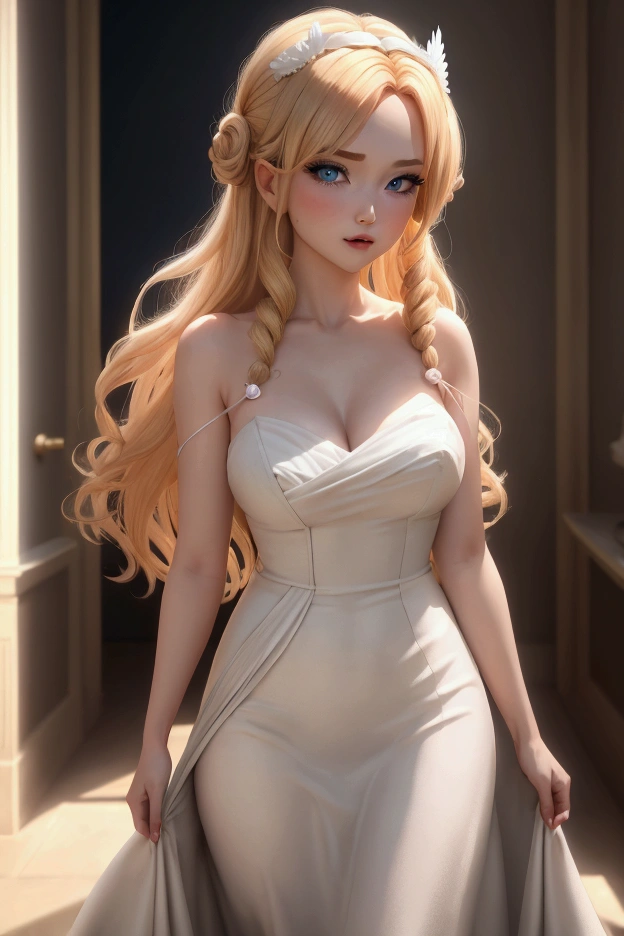 golden hair, hair bobbles, wince, longeyelashes, solid circle eyes, blue eyes, light boring, ear blush, fang, ccurate, Surrealism, drop shadow, whit a long dress anaglyph, stereogram, tachi-e, pov, atmospheric perspective, 8k, super detail, best quality, hiper realistic