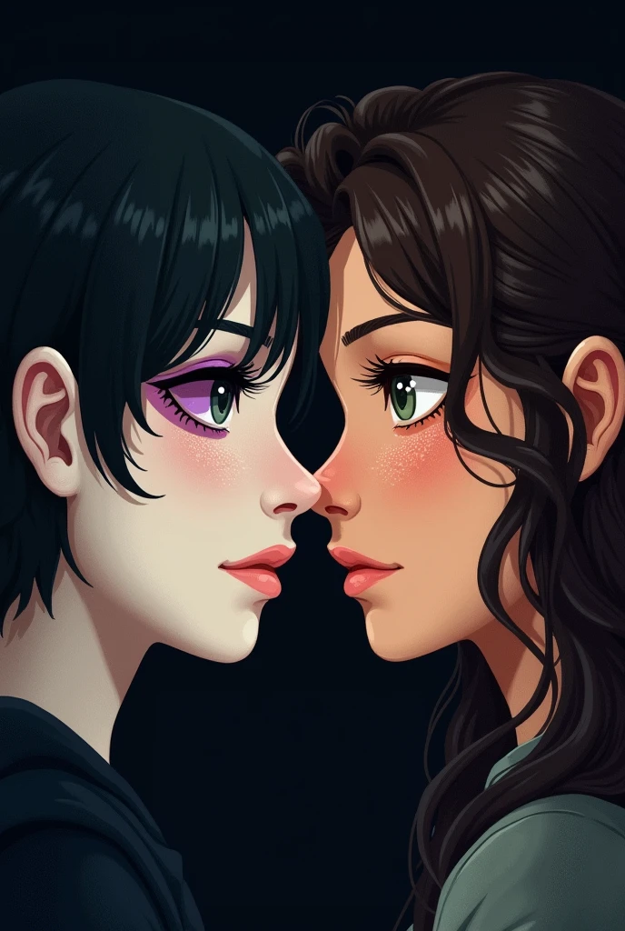 Create a book cover where the background is black, and in front of him are the half faces of two people, one with short straight black hair, white skin and black eyes and a slight purple bruise on the eyes, on the other a woman with curly hair, warm tanned skin, freckles and olive green eyes.  The faces would be from the middle outwards , meeting by the ear 