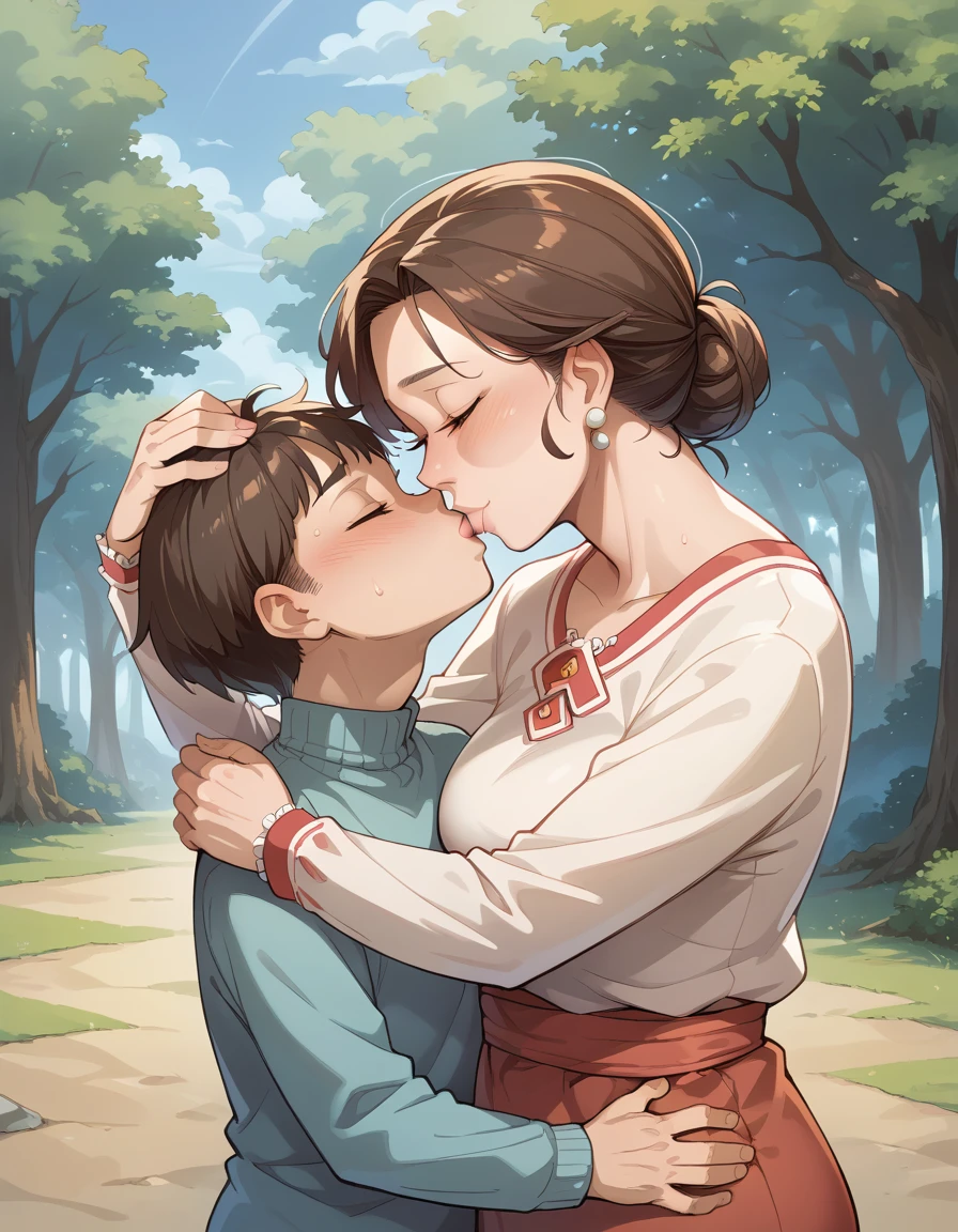score_9, score_8_climb, score_7_climb, source_anime, childชาย 1 คน, 1 girl, mature woman, Grandmother and son, , hug, kiss, Put your hands on your head., kneel, big boobs, big butt