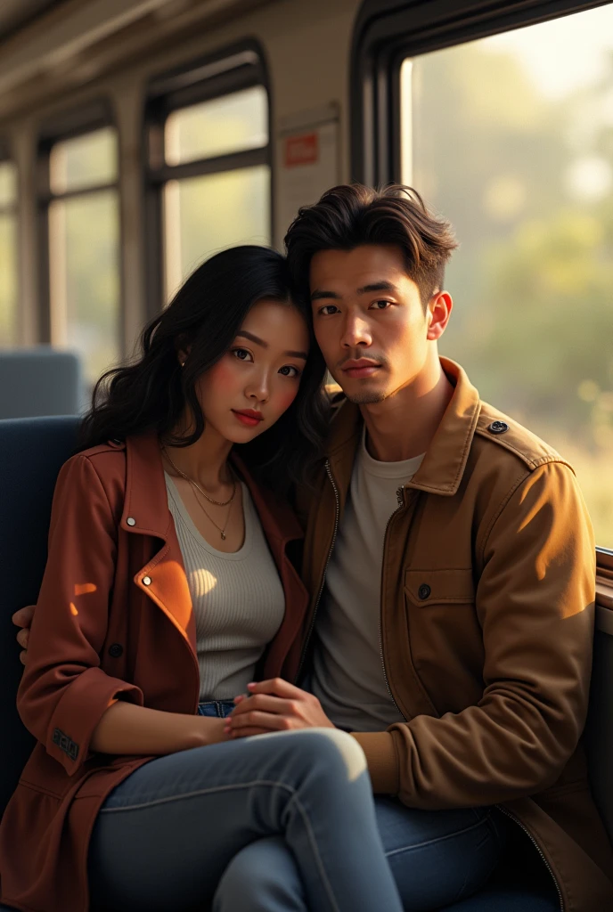 Me and my boyfriend in train

He is white Brazilian 
I'm asian

More human look 

Wearing jacket and I relly on him