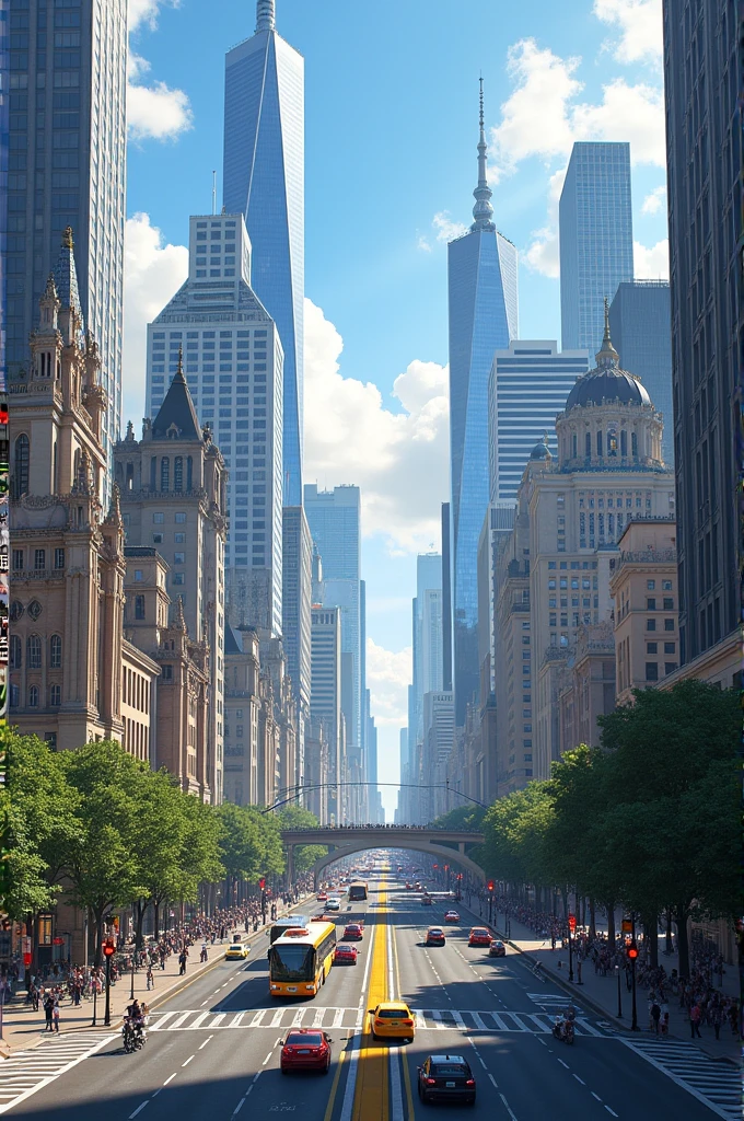 A city in a Europe with atall buildings and a high street crossing more cars