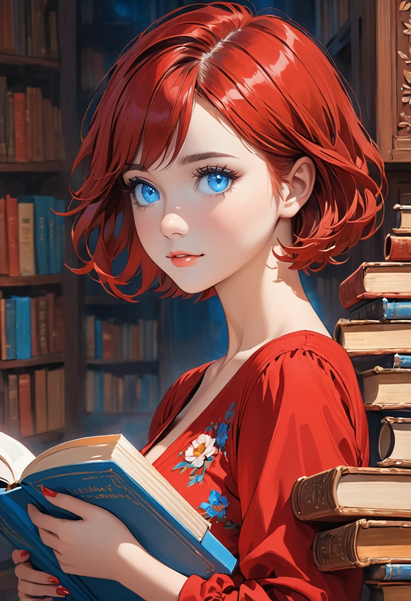Picture of a girl with short red hair and blue eyes and red dress with a book