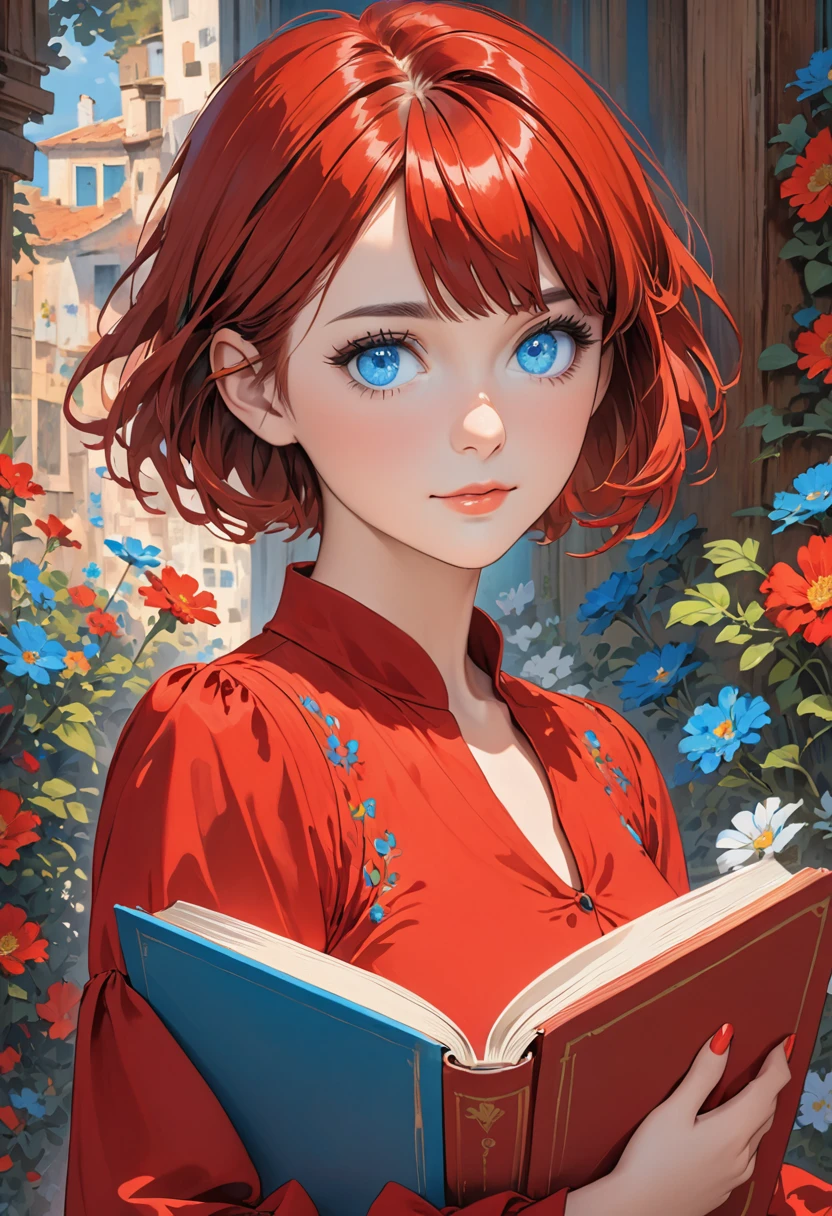 Picture of a girl with short red hair and blue eyes and red dress with a book