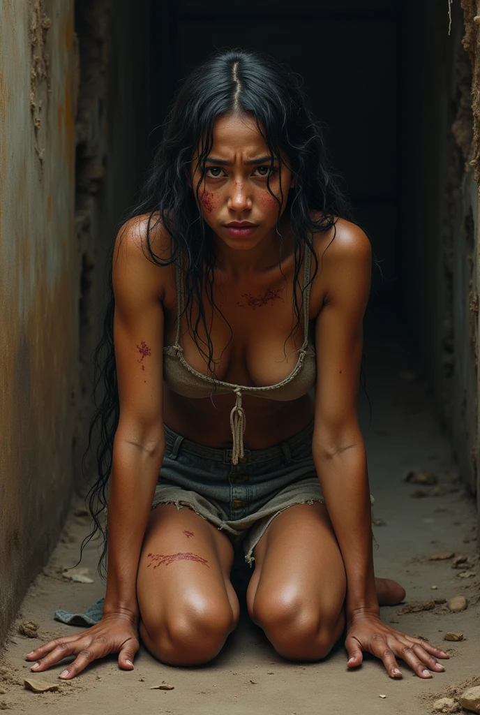 Exploited Indian woman with scratches on her body crying kneeling on the floor, in the colonial era of Peru