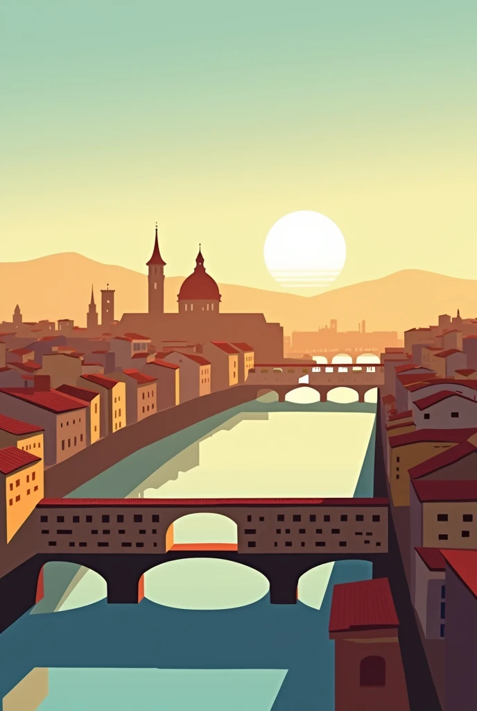 "A minimalist yet detailed illustration of Florence during the Renaissance, inspired by the style of Olly Moss. The image should highlight the iconic architecture of the city, including the Duomo, the Ponte Vecchio, and the Palazzo Vecchio, with a warm color palette that captures the essence of the Italian Renaissance. The scene should be depicted with sharp silhouettes, subtle gradients, and a vintage poster aesthetic, characteristic of Olly Moss's style. The background should feature a clear blue sky transitioning into a soft golden sunset, casting long shadows over the city’s rooftops. The overall composition should be clean and balanced, evoking a sense of nostalgia and timeless beauty.