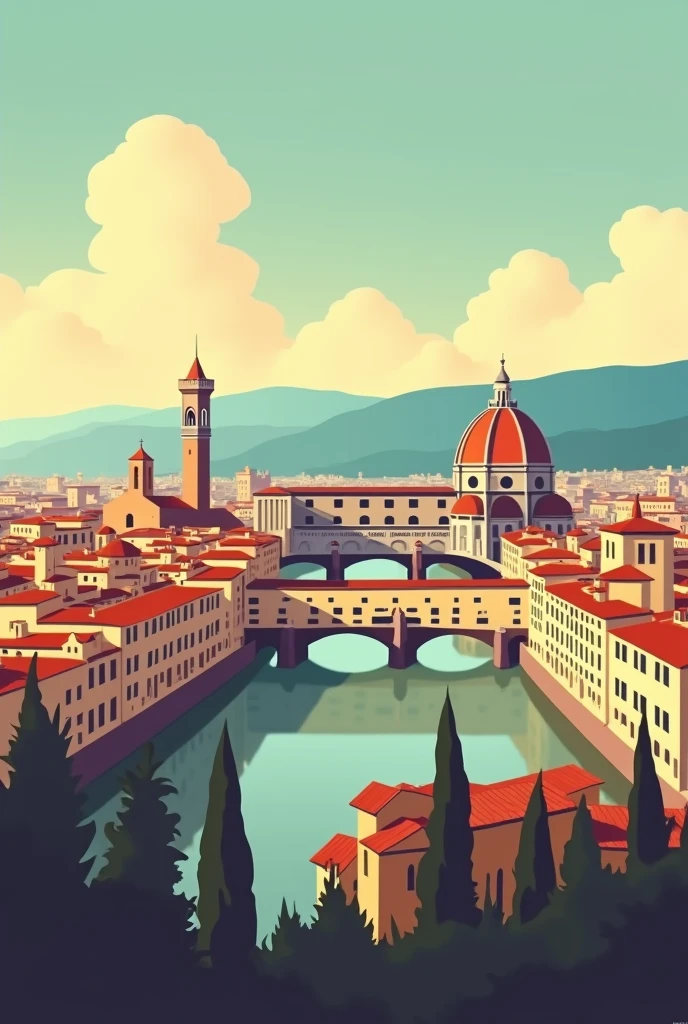 "A minimalist yet detailed illustration of Florence during the Renaissance, inspired by the style of Olly Moss. The image should highlight the iconic architecture of the city, including the Duomo, the Ponte Vecchio, and the Palazzo Vecchio, with a warm color palette that captures the essence of the Italian Renaissance. The scene should be depicted with sharp silhouettes, subtle gradients, and a vintage poster aesthetic, characteristic of Olly Moss's style. The background should feature a clear blue sky transitioning into a soft golden sunset, casting long shadows over the city’s rooftops. The overall composition should be clean and balanced, evoking a sense of nostalgia and timeless beauty.