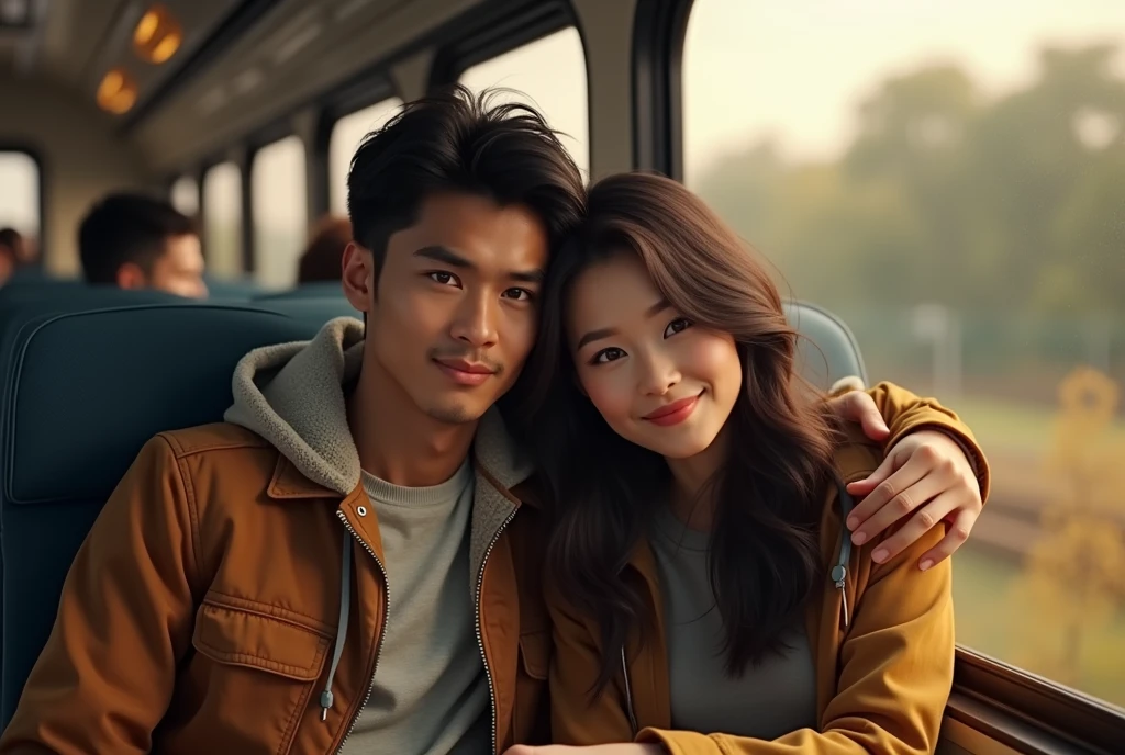 Me and my boyfriend in train

He is white Brazilian 
I'm asian

More human look 

Wearing jacket and I relly on him