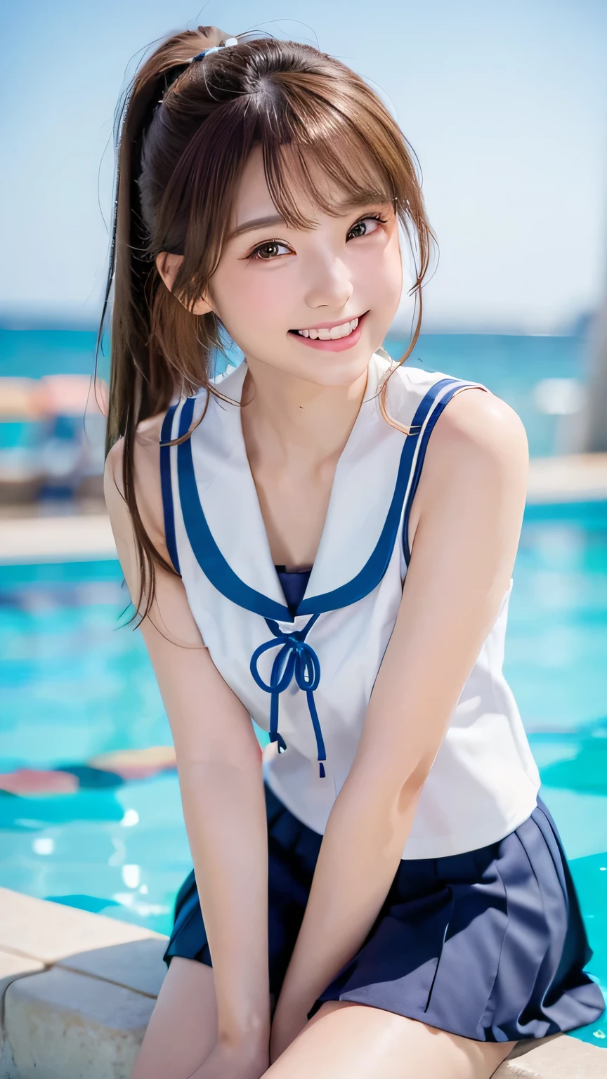 (Highest quality, shot with DSLR, 8k, highest quality, high resolution, highest quality, highest resolution, very beautiful woman, perfect anatomy), light brown eyes, very light brown eyes, small diamond-shaped earrings, looking directly at the camera, beautiful brown hair, ((baby face, loosely cute medium ponytail)), very short and beautiful bangs with brown hair, E-cup bust, beautiful 20-year-old, lip gloss, smiling very happily, very cute smile, upper teeth, beautiful teeth, (random summer beautiful sea or pool horizon (background only)), slightly larger eyes, small face, tall supermodel, beautifully shaped model, random cute pose without revealing décolleté, dynamic angle, eye focus, head tilt, very detailed and realistic, very beautiful 20-year-old, ((medium shot)), sharp jawline, high school girl's sailor uniform, deep waistline, sexy legs, side view, smiling very happily, laughing, summer day.