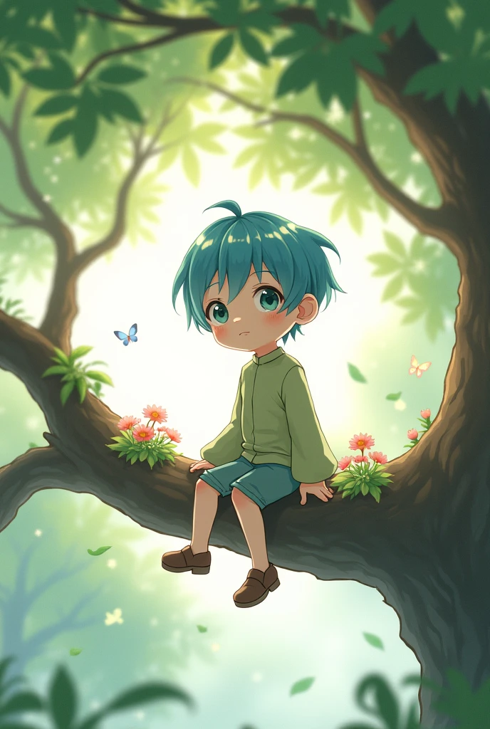 Anime cute boy sit on a tree