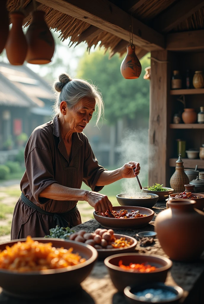 old asian woman in village is cooking in traditional kitchen. Cinematic, HD quality