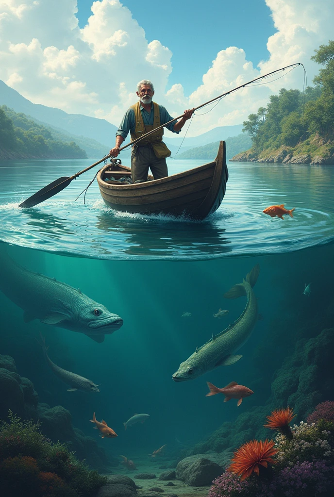 a fisherman with his boat on the water and under water fish and sea monsters, realist art