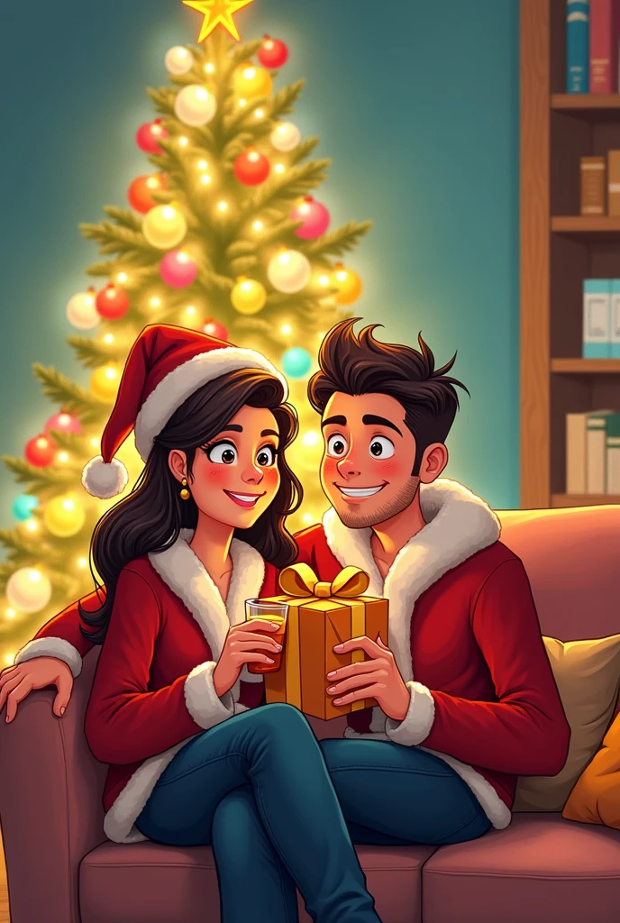  A cartoon couple wearing Christmas clothes behind them The Christmas tree appears completely in the picture next to them They sit on a sofa, the woman holds a gift, and the man holds a glass of juice. 2d drawing with  outline 