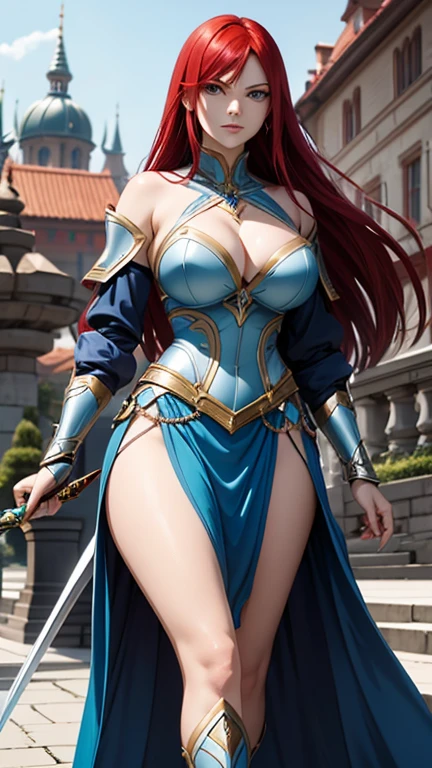"Imagine a remarkable warrior named Erza, whose fiery red hair and captivating red eyes emit an air of regality and power. She stands proud at the age of 27, flaunting a well-curved figure that is both well-balanced and voluptuously endowed with an ample bosom that truly defines her seductive allure and natural grace. Clad in resplendent metallic armor and a flowing blue skirt, she skillfully wields her elegant sword with an undeniable presence. Against the backdrop of a majestic castle, Erza serves as a breathtaking symbol of strength and sensuality."