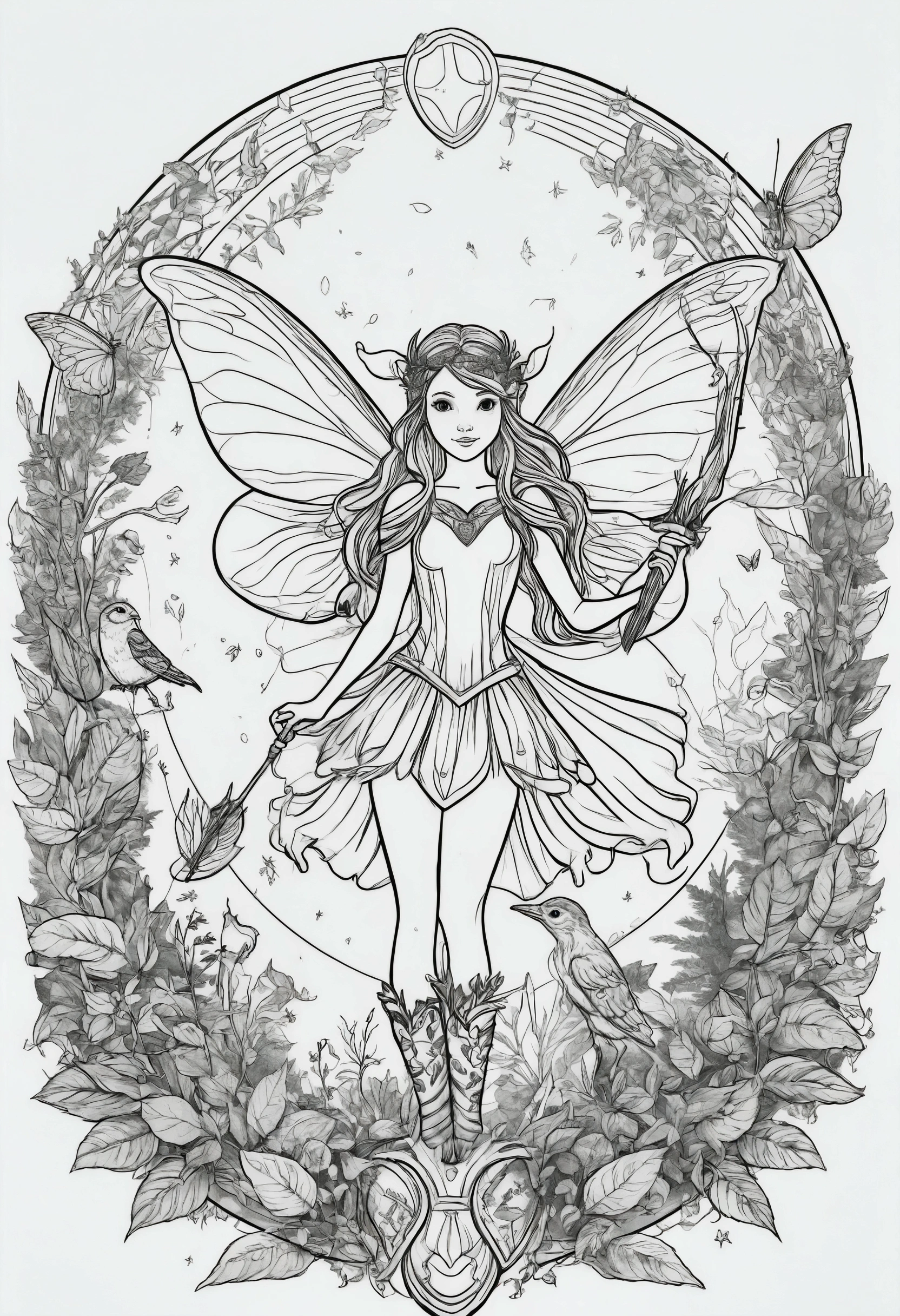 A fairy creating a magical shield to protect the forest animals, for coloring pages, full white, clean line art, children's style, magic forest background, full body, Sketch style, playful style, children's, coloring page, clean line art, white background, coloring page, clean outline