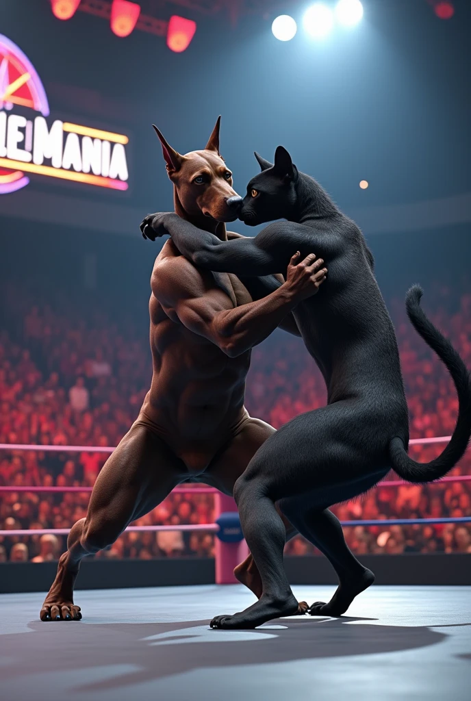 An image of a WrestleMania match where a Doberman Pincher appears vs a lead-grained cat like in WWE