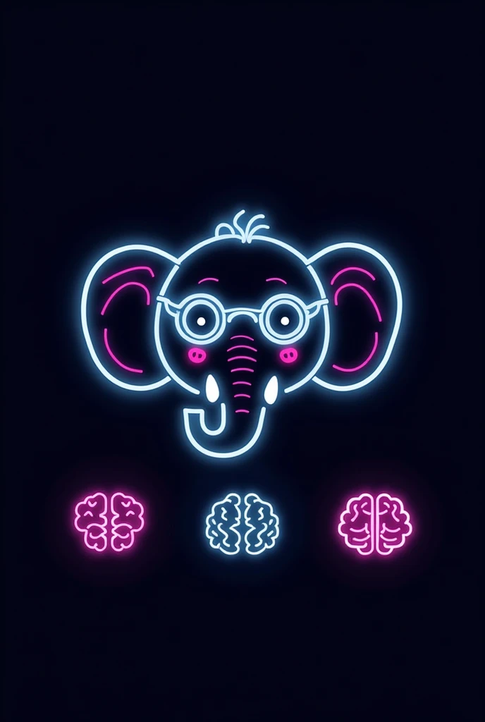 A very minimalistic design featuring a smiling elephant head wearing glasses and human brain icons, all drawn with simple, neon-colored lines. Both the elephant and the brains are highly simplified, with just a few key details, creating a playful and approachable look. The design uses only neon lines on a dark background, leaving ample space for additional text or elements."