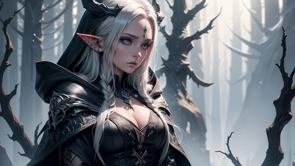 (masterpiece, best quality:1.3)
1girl, solo, long hair, , red eyes, cleavagm breasts, upper hite hair, horns, hood, cape, armor, tree, glowing, pointy ears, colored skin, feathers, elf, shoulder armor, pale skin, glowing eyes, cloak, spikes, hood up, forest, pauldrons, skull, arrow \(projectile\), shoulder pads, undead, In a hauntingly beautiful, moonlit forest, a powerful and enigmatic elf stands tall, exuding an aura of dark magic and mystery. This is Sylvanas, the legendary Windrunner, inspired by the iconic character from World of Warcraft,Sylvanas's skin has a striking, ashen gray hue, a testament to her mastery over the shadows. Her pointed ears, a hallmark of her elven heritage, are adorned with intricate, silver piercings that seem to shimmer in the faint moonlight. Her eyes burn with an otherworldly intensity, as if they hold the secrets of the forest and the whispers of the wind.She wears a flowing, purple hooded cloak, its edges embroidered with intricate, silver thread that resembles the delicate patterns found on a spider's web. The cloak billows behind her like a dark cloud, as if it's alive and feeding off the shadows. A quiver full of arrows, one meticulously crafted with razor-sharp tips and adorned with tiny, glowing runes, hangs at her hip. The arrows seem to hum with dark energy, as if they're infused with the power of the forest.In her hand, Sylvanas grasps a magnificent, ornate longbow, its wood polished to a dark, mirror-like
