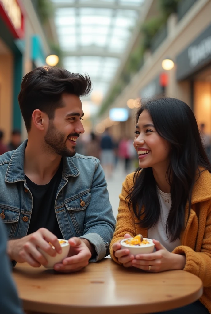Realistic man and wife 25-3, At the mall, black hair eating açaí , with friends Ultra HD, high qualiy, best qualityer, high resolution, 8k, 16K