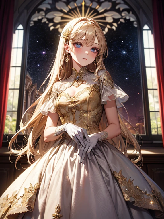 Artistic AI Art Galaxy(masterpiece:1.2, Highest quality), (Beautiful, detailed eyes: 1.2), High resolution, (Beautifully detailed face), (One girl:1.2), Blake: A figure in a red and white dress with gold trim.、Standing in front of a window with red curtains and gold ornaments。. The dress is gorgeous and sophisticated., Multi-layer structure. This character has long, flowing hair with flowers, Wearing gloves. She has a noble and delicate character.. The light coming in through the window creates a fantastic atmosphere., The curtains and windows are carefully painted.. It's a warm image.