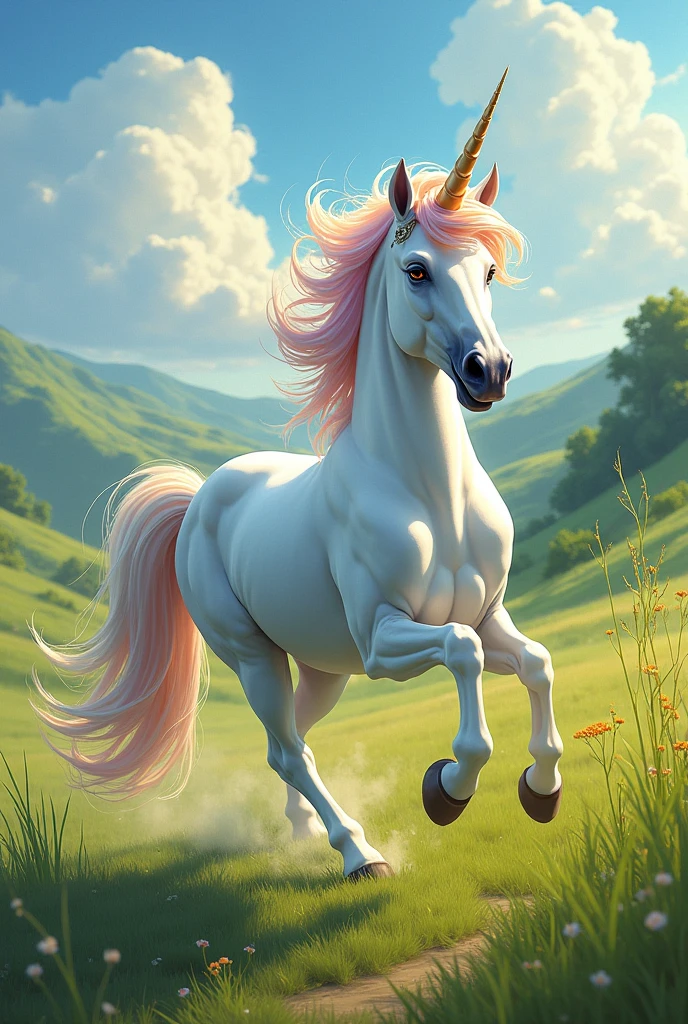 Unicorn with grass in mouth galloping painted with rainbow tail and rainbow mane