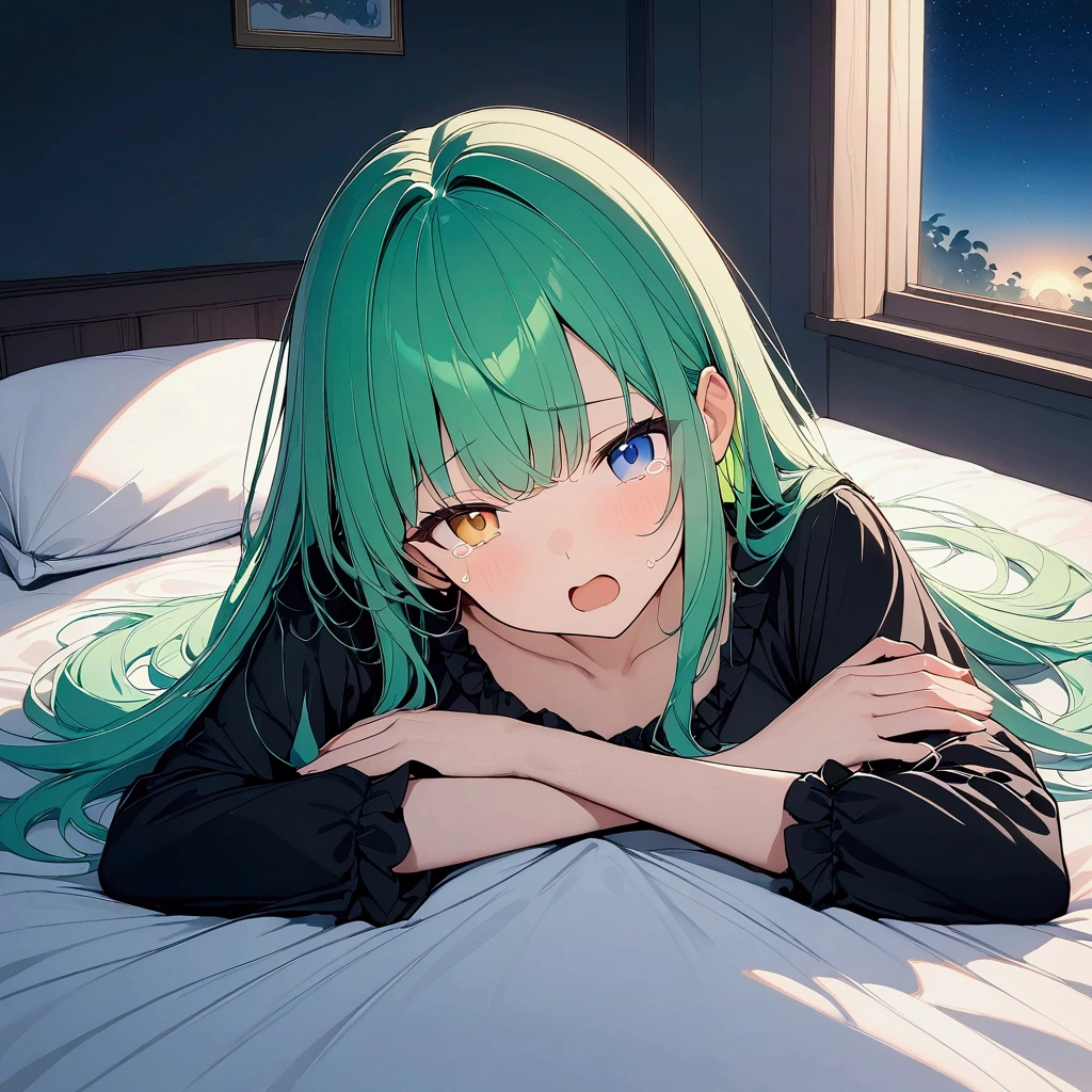 (((anime))) One Woman,Sleeping in bed,Stretch your arms out,Yawn,Open your mouth,Long Hair,(Green Hair),Bangs parted in the center,Heterochromia iridis,((blue eyes)),Yellow Eyes,Half-open eyes,tears,Waking up in black pajamas, In a dark room,Outside the window it&#39;s bright,Backlight,masterpiece,Highest quality,Exquisite,8k,Absurd,Ultra-fine illustrations