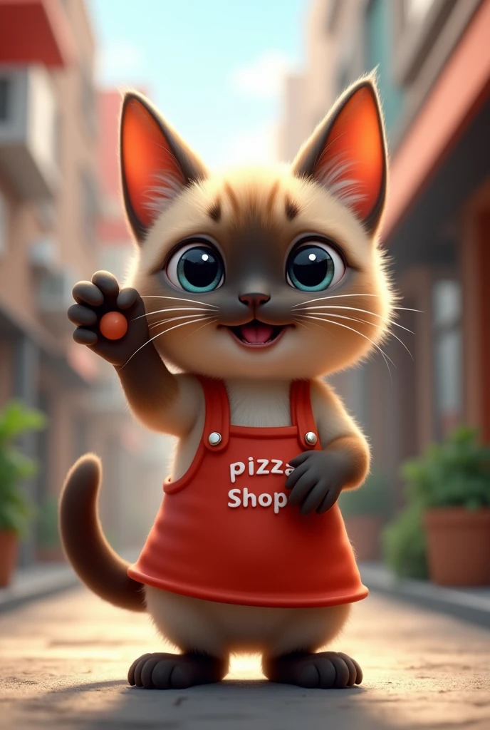 A small Siamese cat standing facing forward with its front legs raised。
Big eyes with a cute, human-like expression。Slightly larger head than body。limbs are short。
Pizza shop staff outfit。Glossy texture。
The background is an office district

