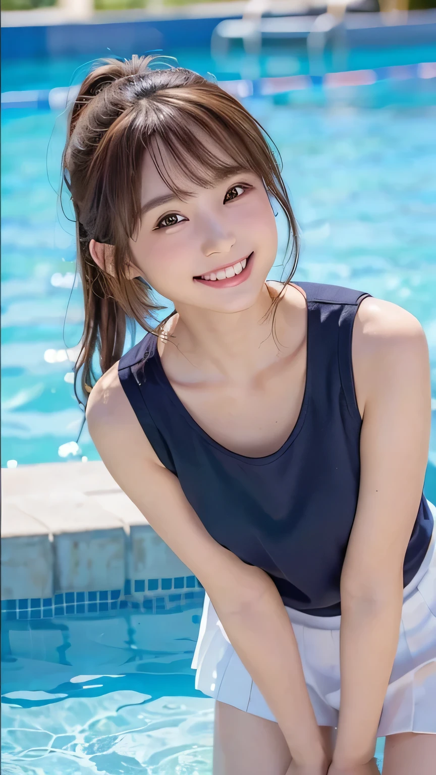 (Highest quality, shot with DSLR, 8k, highest quality, high resolution, highest quality, highest resolution, very beautiful woman, perfect anatomy), light brown eyes, very light brown eyes, small diamond-shaped earrings, looking directly at the camera, beautiful brown hair, ((baby face, loosely cute medium ponytail)), very short and beautiful bangs with brown hair, E-cup bust, beautiful 20-year-old, lip gloss, smiling very happily, very cute smile, upper teeth, beautiful teeth, (random summer beautiful sea or pool horizon (background only)), slightly larger eyes, small face, tall supermodel, beautifully shaped model, random cute pose without revealing décolleté, dynamic angle, eye focus, head tilt, very detailed and realistic, very beautiful 20-year-old, ((medium shot)), sharp jawline, high school girl's sailor uniform, deep waistline, sexy legs, side view, smiling very happily, laughing, summer day.
