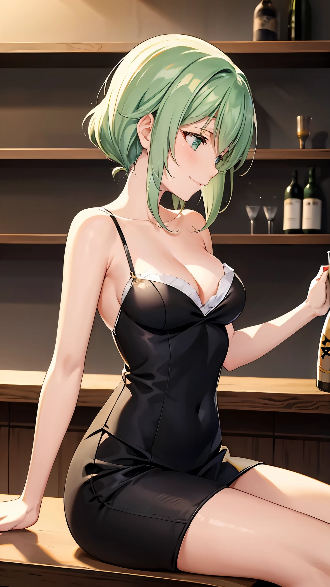 Shoulder-length green hair, Small size breasts, Small breasts、Green Eyes, 、(((Lady))),The whole body from head to toe、Formal attire、、smile、((profile))、、Elegant、greeting、Well-groomed appearance、Talking to a bartender at a bar、beautiful、Cocktail party、、Enjoying a cocktail at the bar counter、sake、Take a seat at the counter、、Thinking deeply、Tying up your hair