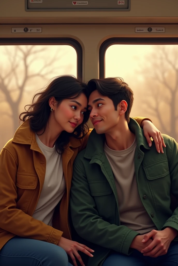 Me and my boyfriend in train

He is white Brazilian 
I'm asian

More human look 

Wearing jacket and I relly on him