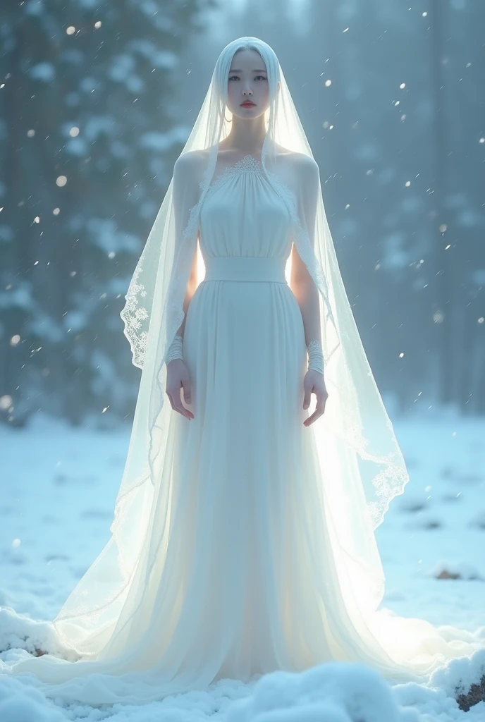 A faceless picture of a girl wearing glowing white dress fully covered modest dress.. White snow is around her, faceless picture