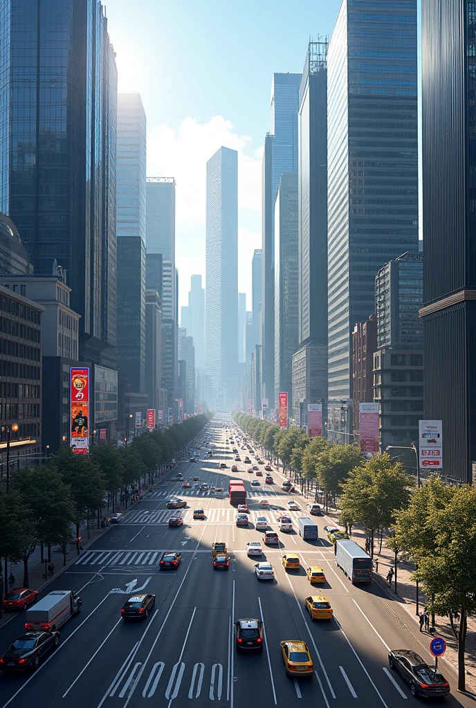 A city in a Europe with atall buildings and a high street crossing more cars with more lights