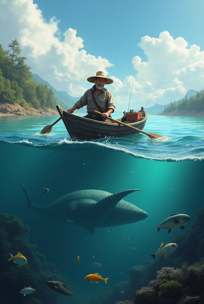 a fisherman with his boat on the water and under water fish and sea monsters, realist art