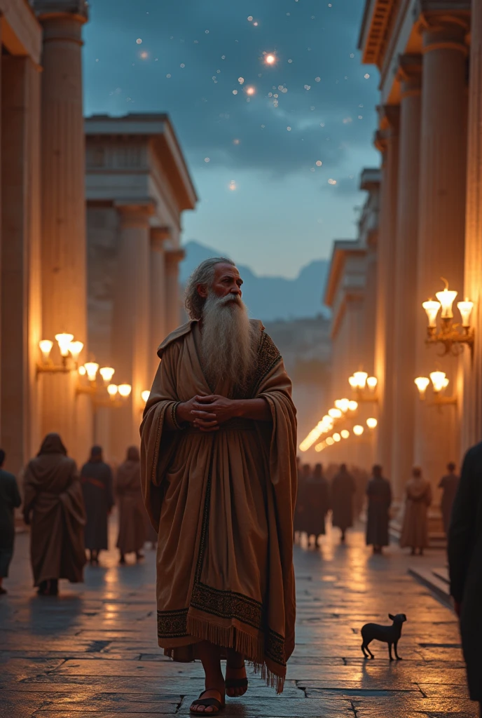 (photorealism:1.2), philosophe grec, antiquite qui regarde les etoiles, walking in the greek city athens