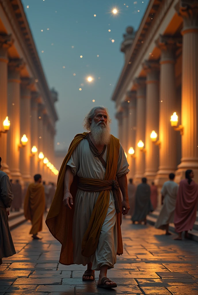 (photorealism:1.2), philosophe grec, antiquite qui regarde les etoiles, walking in the greek city athens
